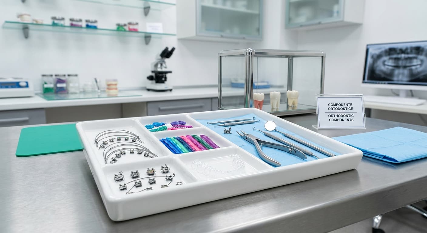 Tavă cu componentele unui aparat dentar fix: brackets, arcuri și elastice colorate.