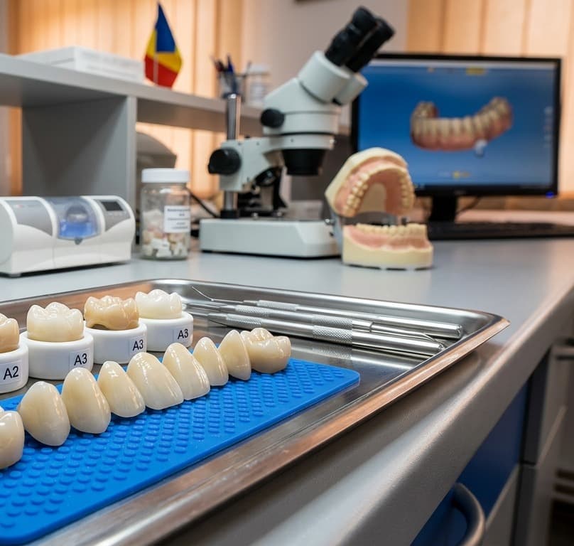 Coroane ceramice pentru dinți din față și măsele, așezate pe o tavă.