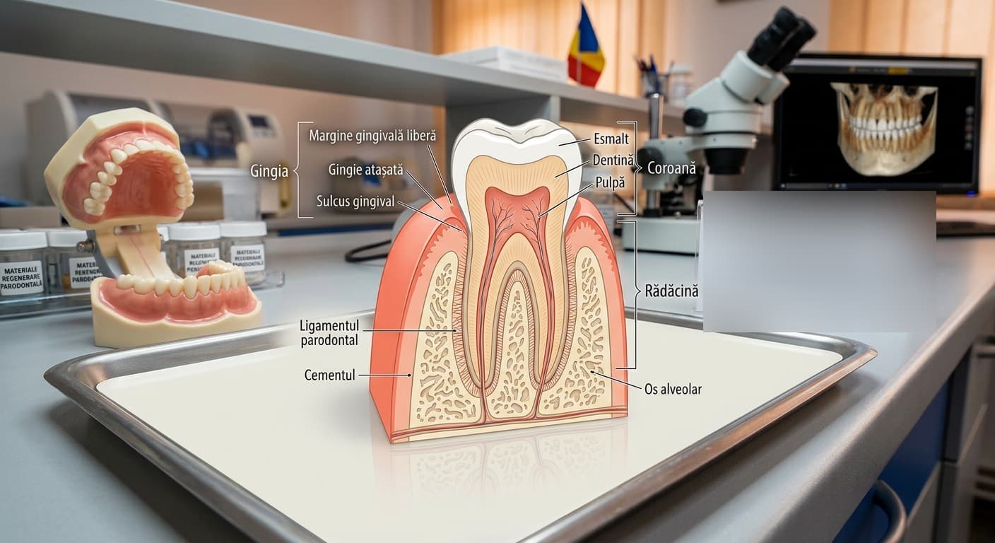 Secțiune a unui dinte și a țesuturilor care îl susțin: gingia, ligamentul parodontal, cementul și osul alveolar.