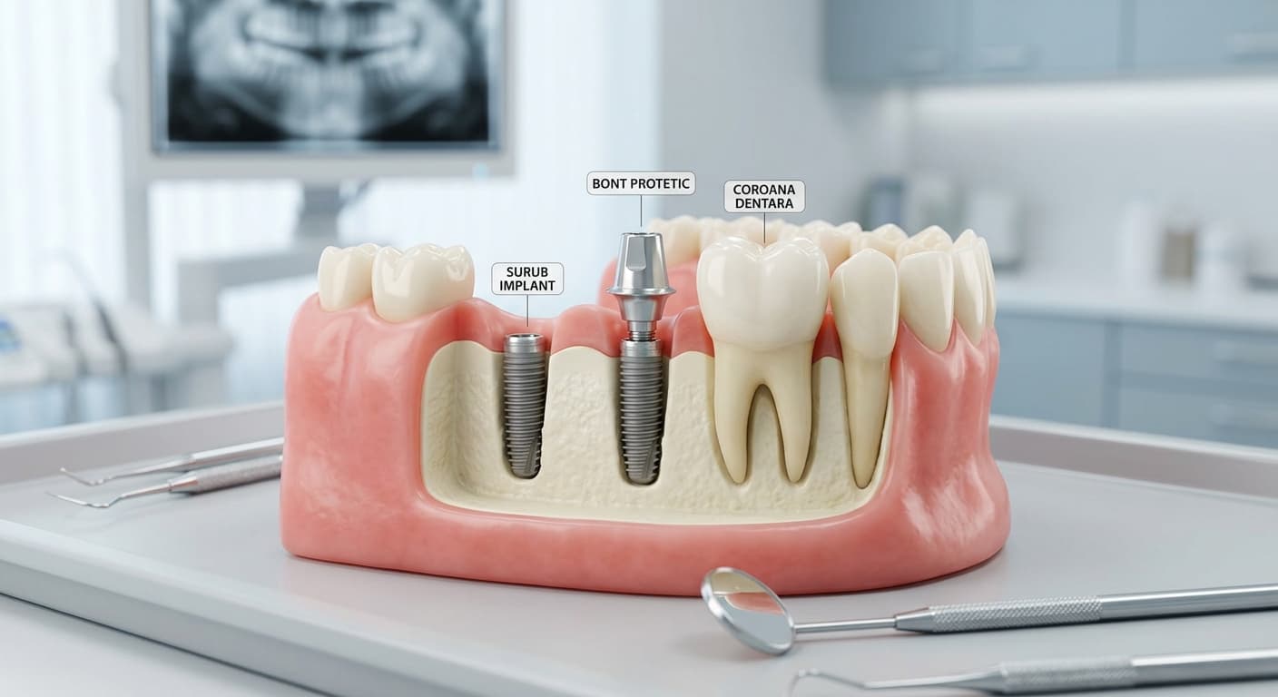Model de maxilar în secțiune cu un implant dentar: șurubul din titan, bontul protetic și coroana, lângă un dinte natural.